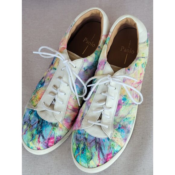Linea Paolo Calf Hair / Leather Sneakers White / Tie Dye Multi Size 12 Women's - Picture 2 of 12